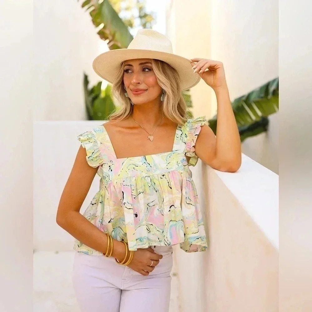 Buddy Love | Kyle Ruffle Swing Tank Top in Citron Marble - Size Small